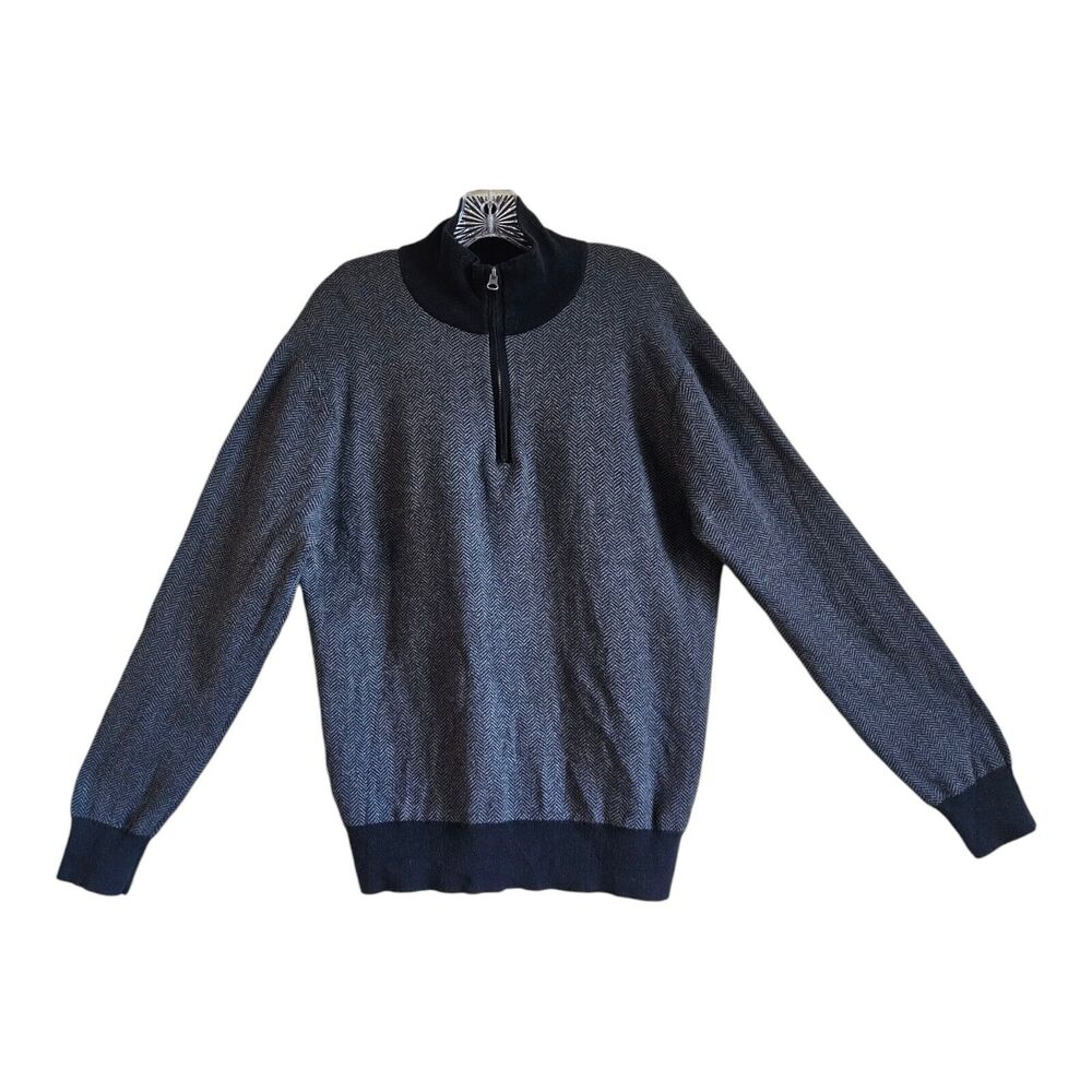 J. CREW Men's M 1/4 Zip Sweater Black Gray Herringbone Mock Neck Long Sleeve 42"